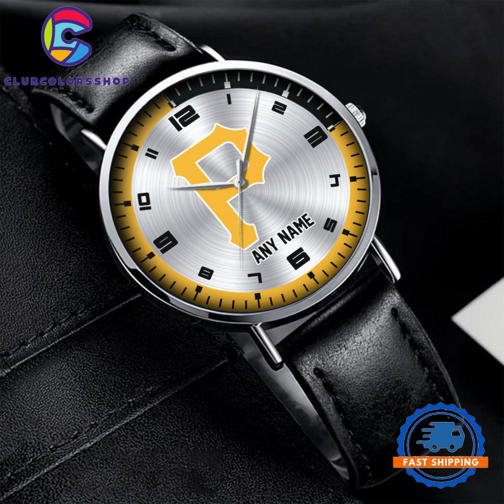 MLB Pittsburgh Pirates Personalized Black Stitched Leather Watch, Baseball Team Watch Design