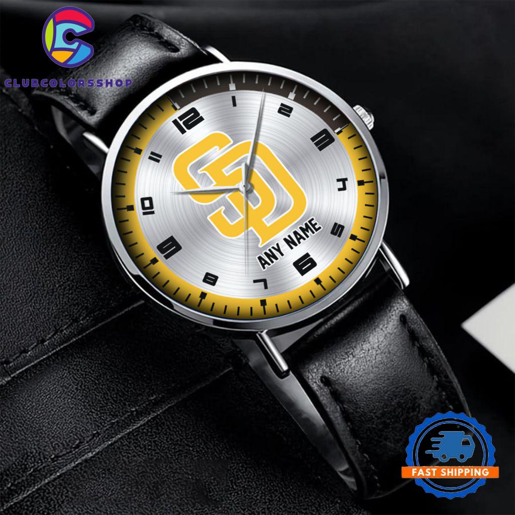 MLB San Diego Padres Personalized Black Stitched Leather Watch, Baseball Team Watch Design