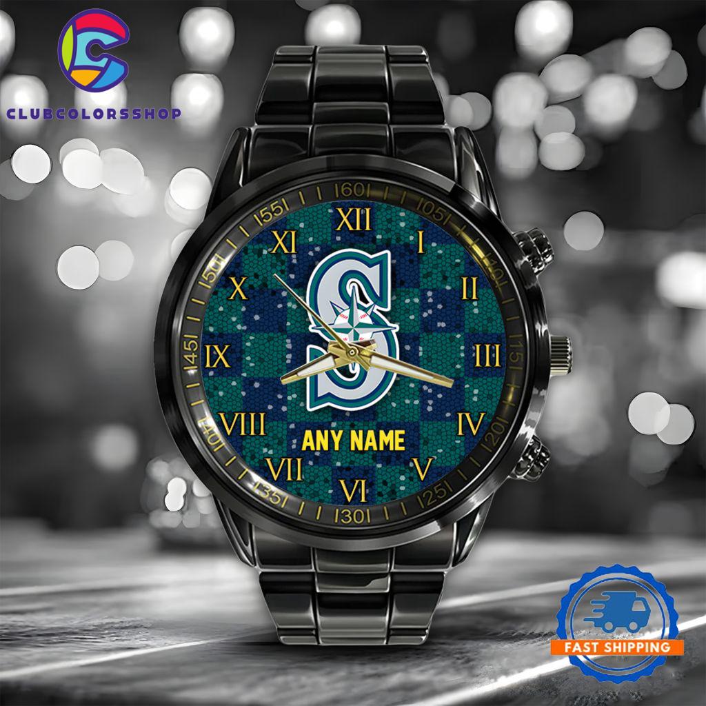 MLB Seattle Mariners Black Stainless Steel Watch Baseball Team Design