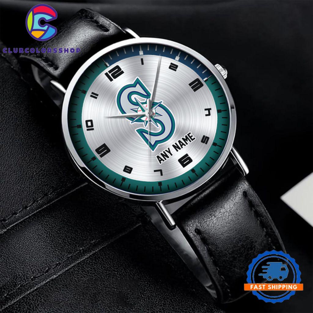 MLB Seattle Mariners Personalized Black Stitched Leather Watch, Baseball Team Watch Design