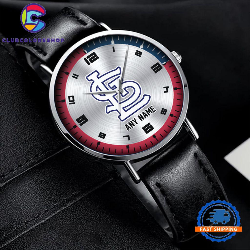 MLB St. Louis Cardinals Personalized Black Stitched Leather Watch, Baseball Team Watch Design