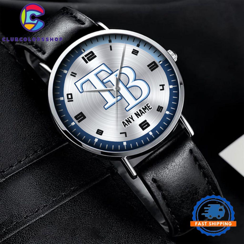 MLB Tampa Bay Rays Personalized Black Stitched Leather Watch, Baseball Team Watch Design
