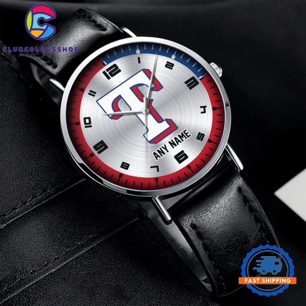 MLB Texas Rangers Personalized Black Stitched Leather Watch, Baseball Team Watch Design