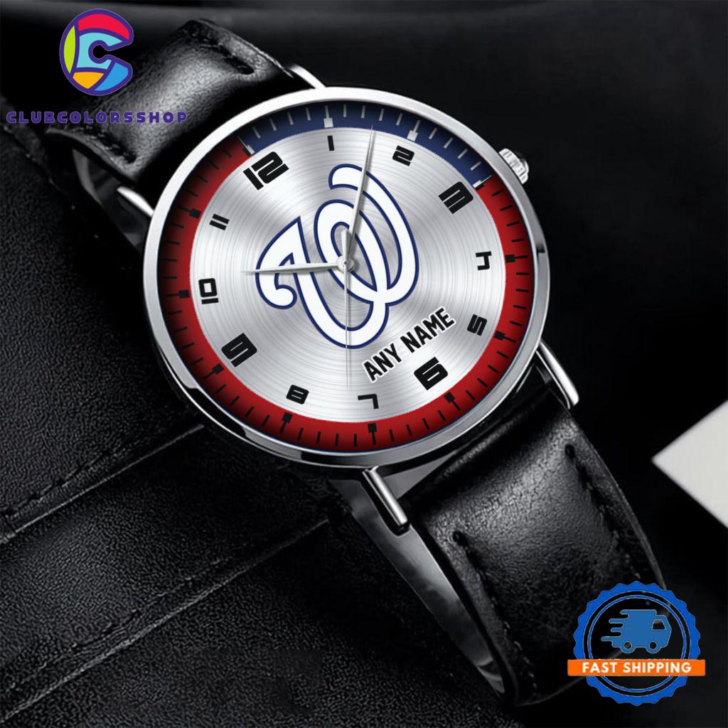 MLB Washington Nationals Personalized Black Stitched Leather Watch, Baseball Team Watch Design
